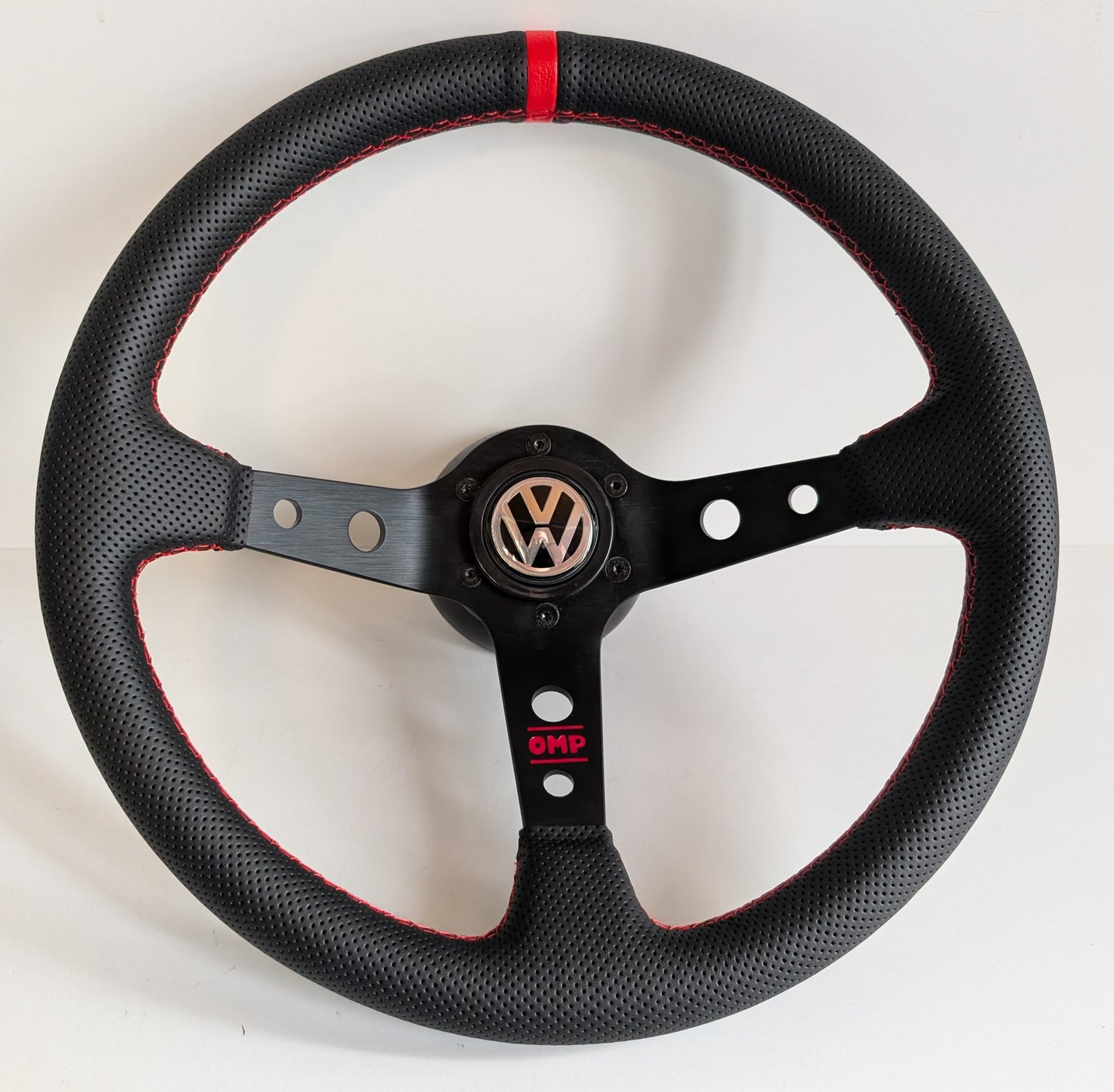 Steering Wheel For VW Golf Jetta Mk2 Mk3 Corrado - Deep Dish, Red Stitching, Black Spokes with Holes, Sport Vision, 350 mm