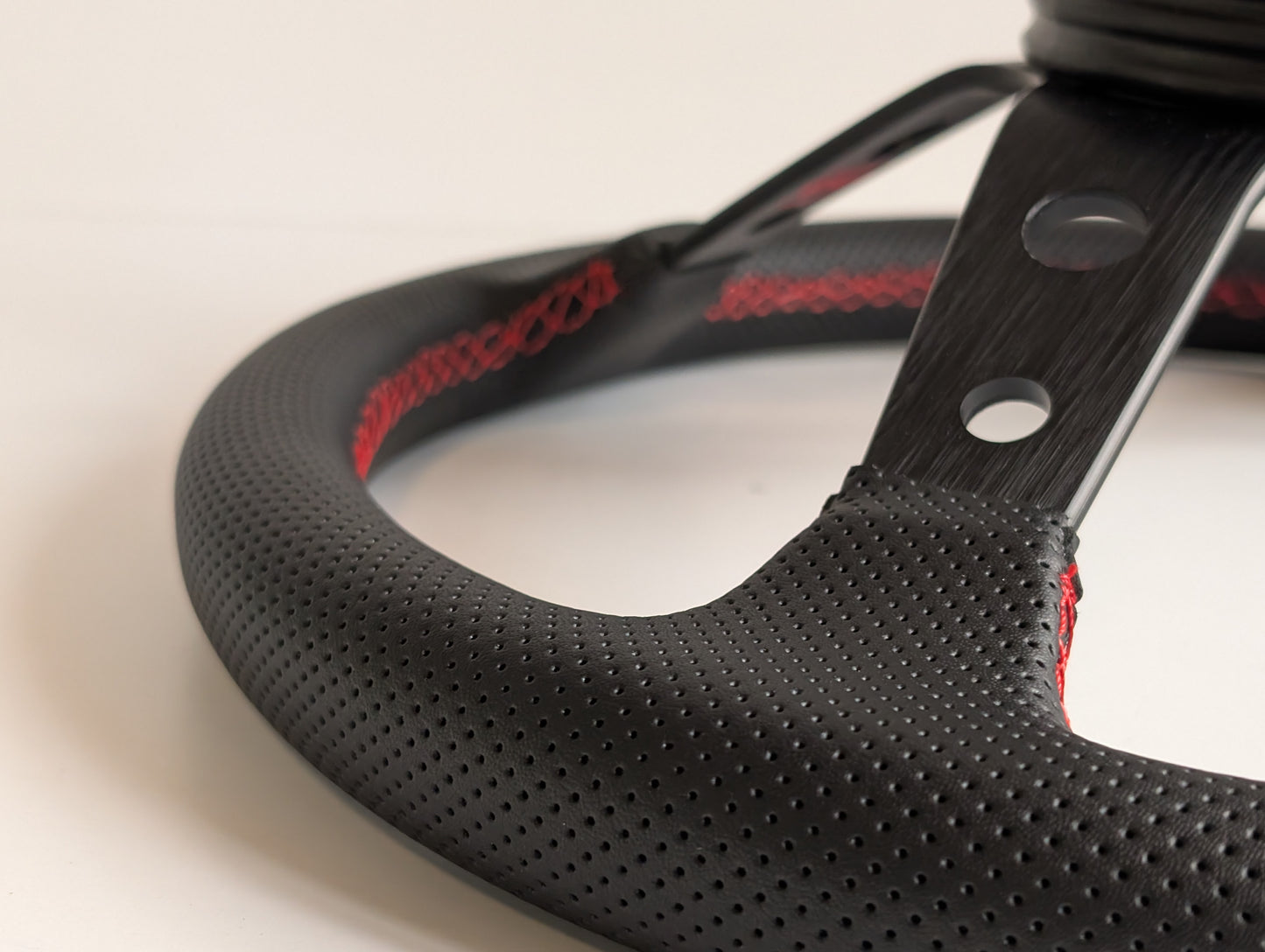 Steering Wheel For VW Golf Jetta Mk2 Mk3 Corrado - Deep Dish, Red Stitching, Black Spokes with Holes, Sport Vision, 350 mm