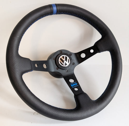 Steering Wheel For VW T4 Bus Multyvan Caravelle - Deep Dish, Blue Stitching, Black Spokes with Holes, Sport Vision, 350 mm