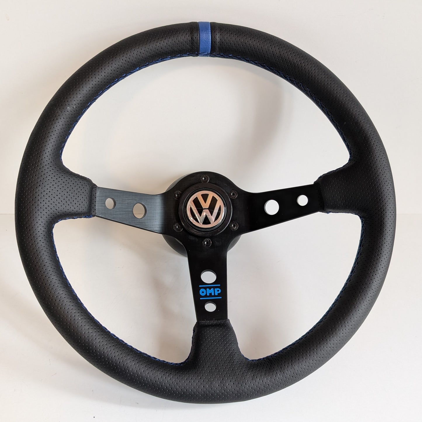 Steering Wheel For VW Mk1 Mk2 Golf Jetta Scirocco - Deep Dish, Blue Stitching, Black Spokes with Holes, Sport Vision, 350 mm