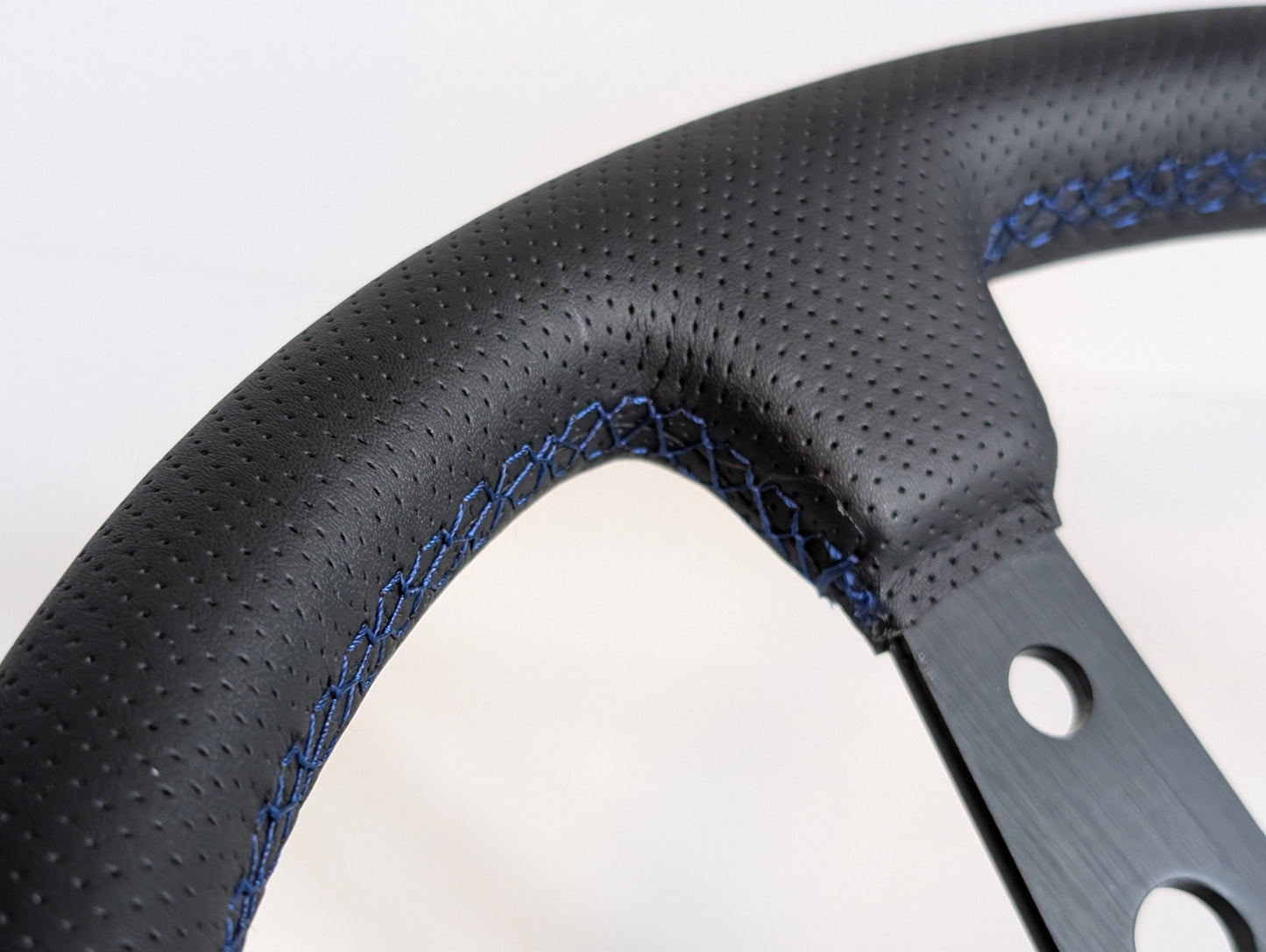 Steering Wheel For VW Mk1 Mk2 Golf Jetta Scirocco - Deep Dish, Blue Stitching, Black Spokes with Holes, Sport Vision, 350 mm