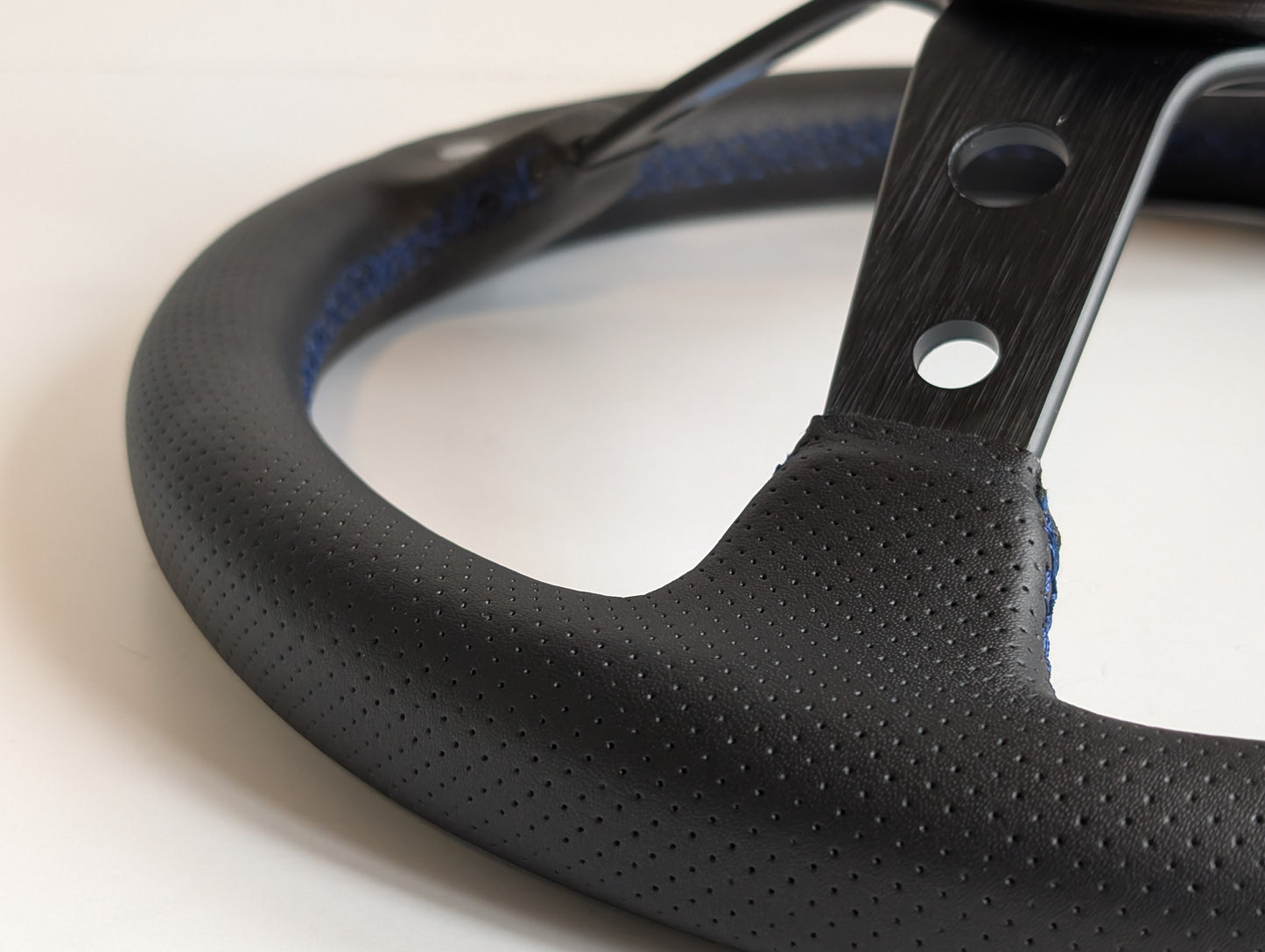 Steering Wheel For VW Mk1 Mk2 Golf Jetta Scirocco - Deep Dish, Blue Stitching, Black Spokes with Holes, Sport Vision, 350 mm