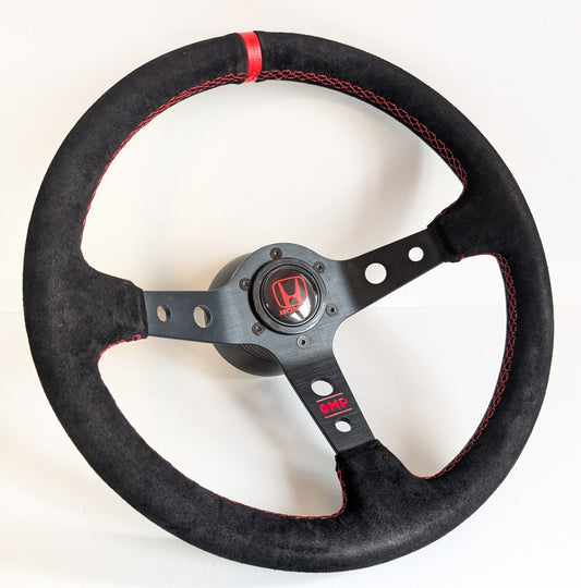 Steering Wheel For Honda Prelude CRX Del Sol Civic Accord (1993-2000) - Red Alcantara Leather, Suede, Deep Dish, 350 mm