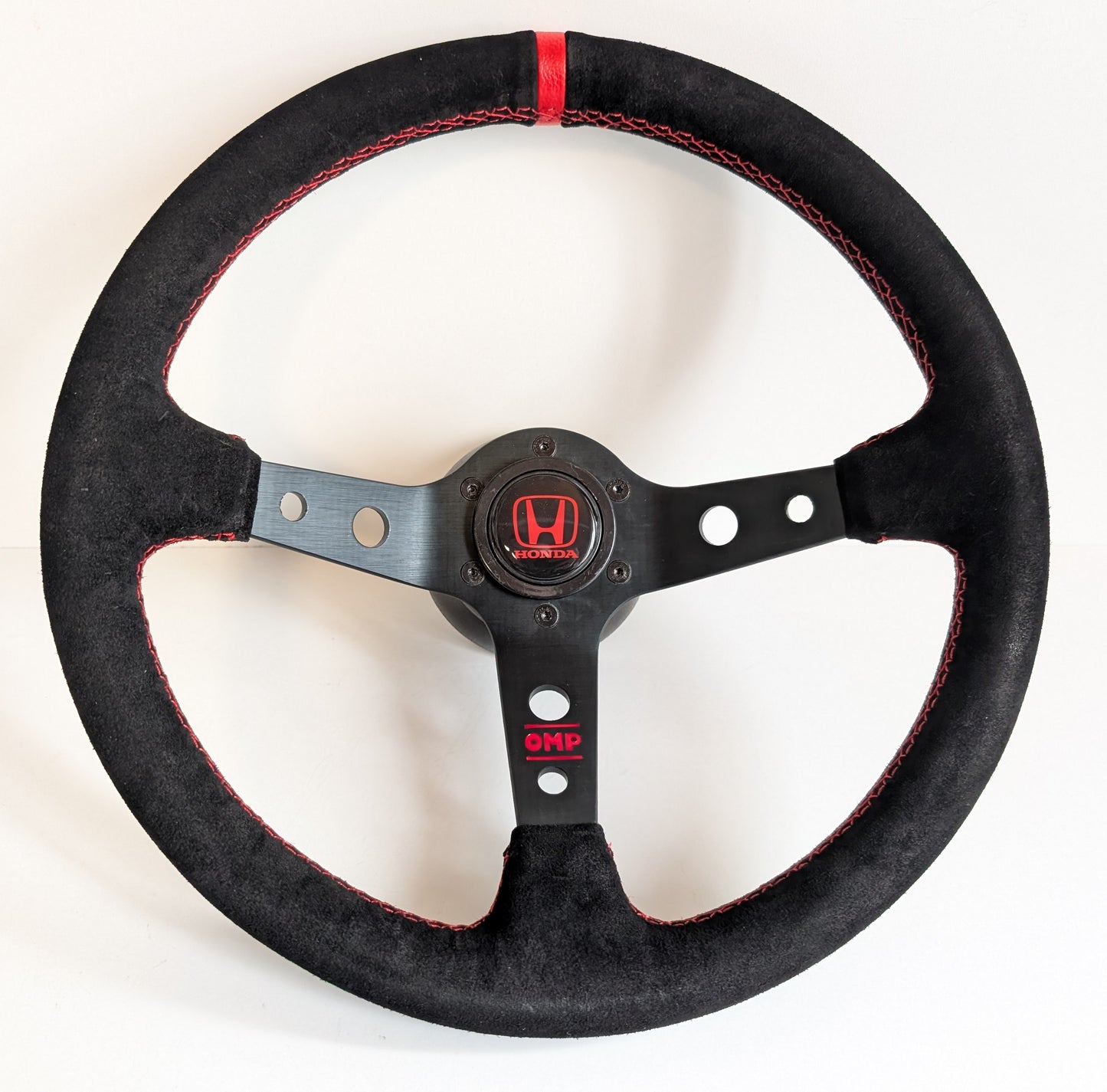 Steering Wheel For Honda Prelude CRX Del Sol Civic Accord (1993-2000) - Red Alcantara Leather, Suede, Deep Dish, 350 mm
