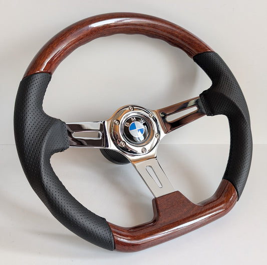 Steering Wheel For BMW E24 E28 E30 E32 E34 (1986-1992) - Flat Bottom, Wood, Vintage, Black Leather, Chrome spokes, 350 mm