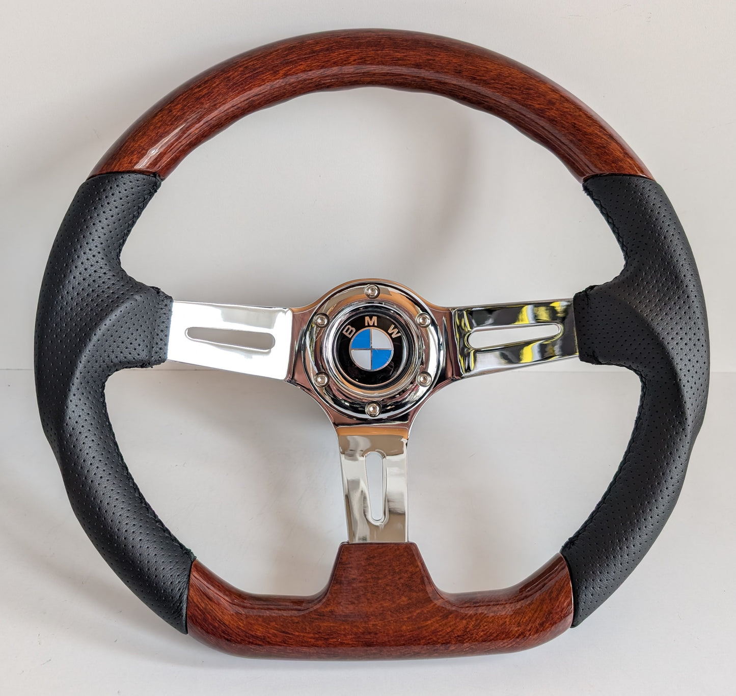 Steering Wheel For BMW E31 E32 E34 E36 (1992-1995) - Flat Bottom, Wood, Vintage, Black Leather, Chrome spokes, 350 mm