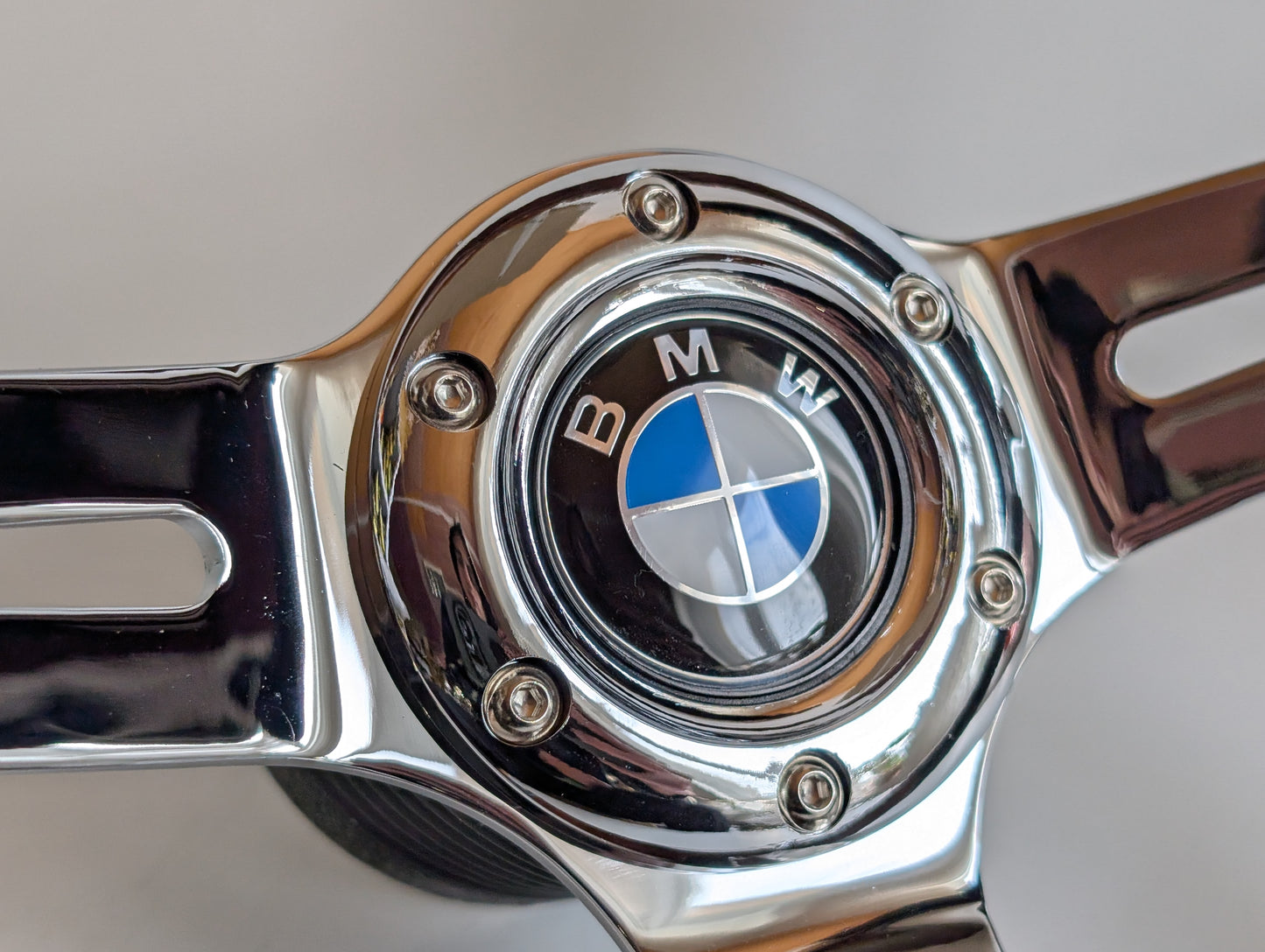 Steering Wheel For BMW E31 E32 E34 E36 (1992-1995) - Flat Bottom, Wood, Vintage, Black Leather, Chrome spokes, 350 mm