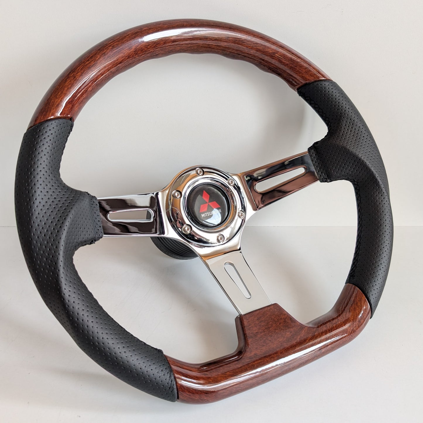 Steering Wheel For Mitsubishi Pajero 1st generation Montero Shogun (1982-1991) - Flat Bottom, Wood, Vintage, Black Leather, Chrome spokes, 350 mm