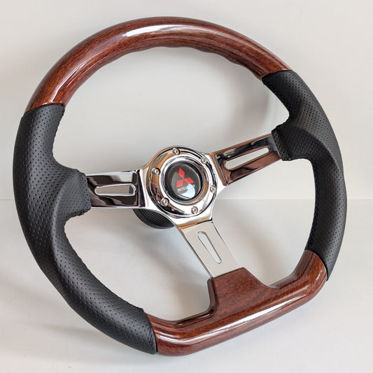Steering Wheel For Mitsubishi Eclipse Lancer Evo Galant Pajero - Flat Bottom, Wood, Vintage, Black Leather, Chrome spokes, 350 mm