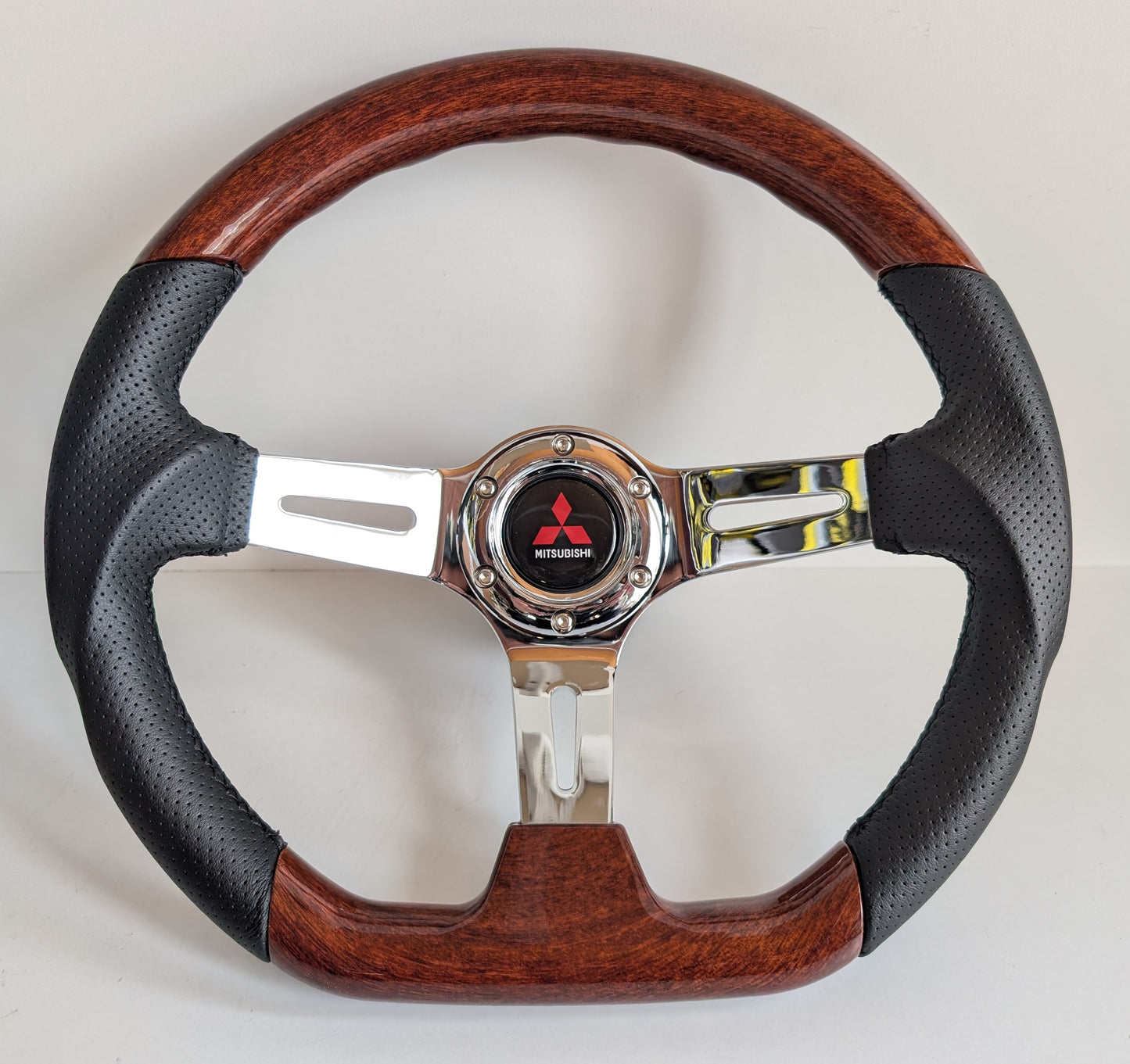 Steering Wheel For Mitsubishi Pajero 1st generation Montero Shogun (1982-1991) - Flat Bottom, Wood, Vintage, Black Leather, Chrome spokes, 350 mm