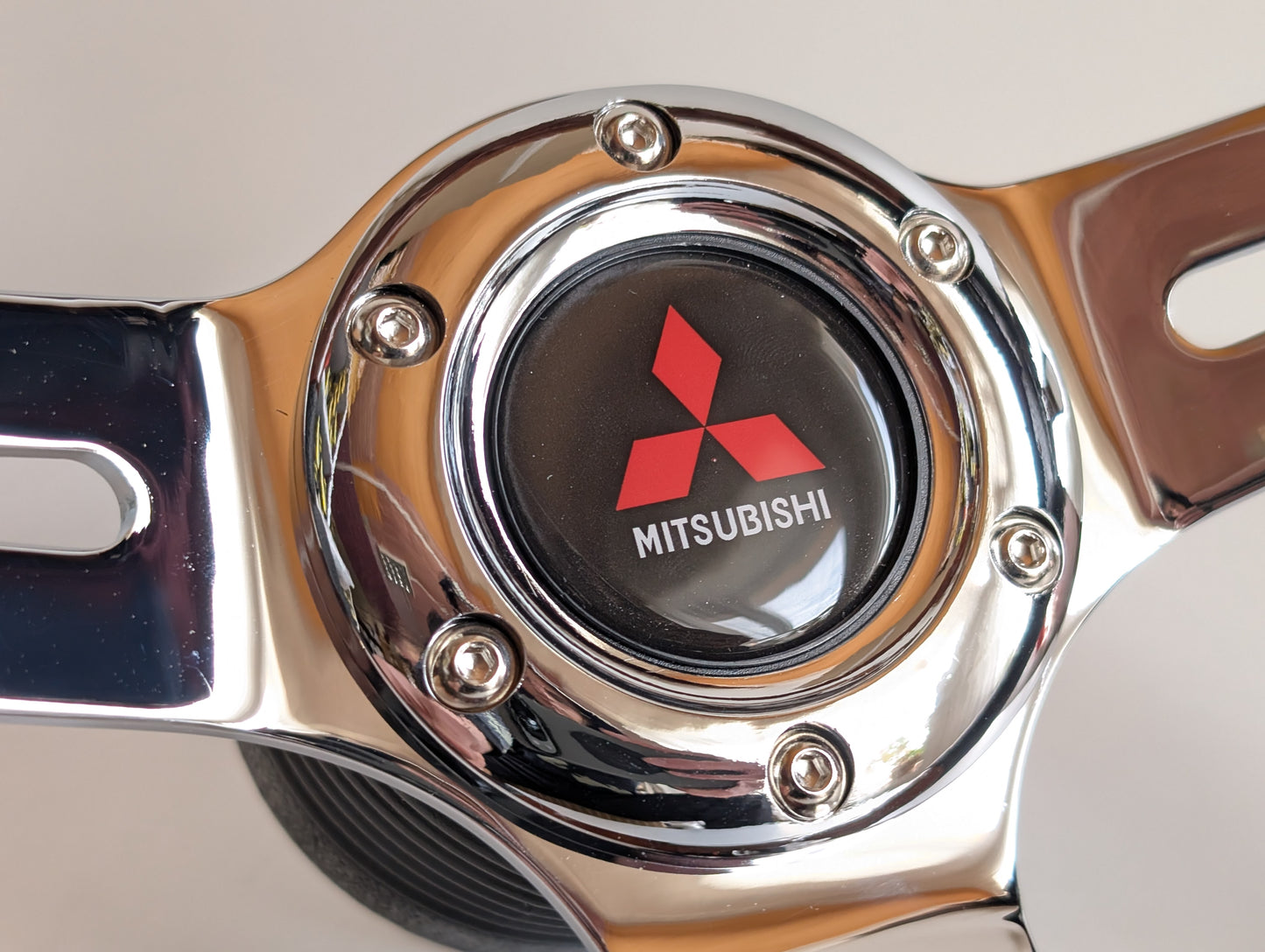 Steering Wheel For Mitsubishi Pajero 1st generation Montero Shogun (1982-1991) - Flat Bottom, Wood, Vintage, Black Leather, Chrome spokes, 350 mm