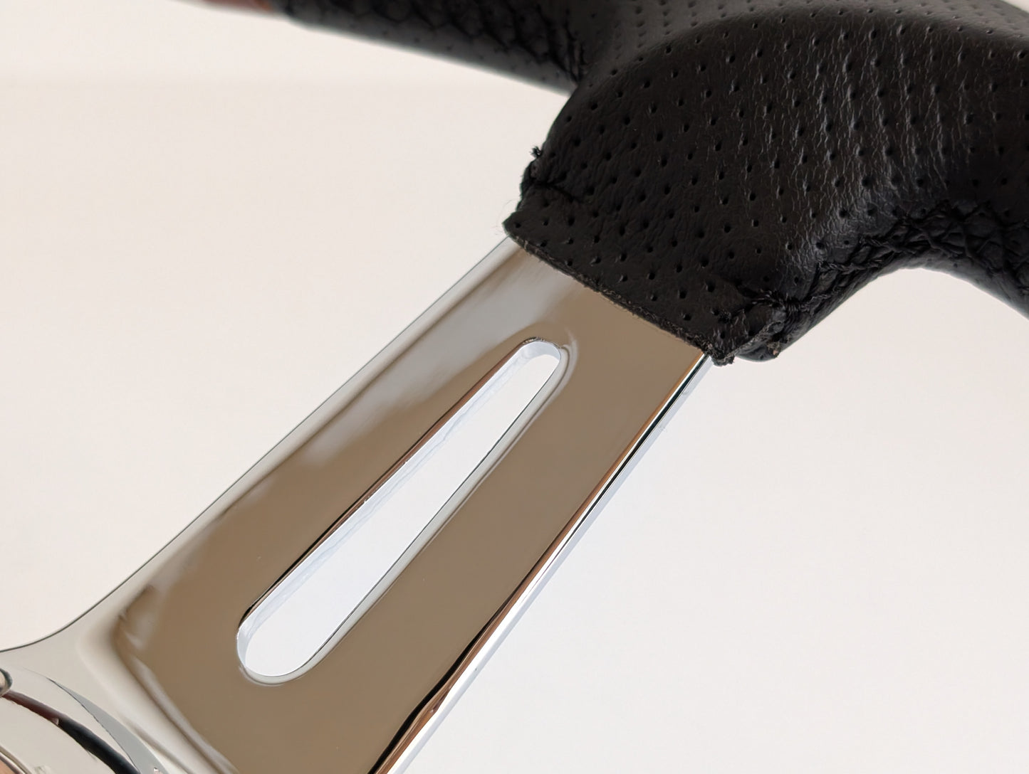 Steering Wheel For Mitsubishi Pajero 1st generation Montero Shogun (1982-1991) - Flat Bottom, Wood, Vintage, Black Leather, Chrome spokes, 350 mm