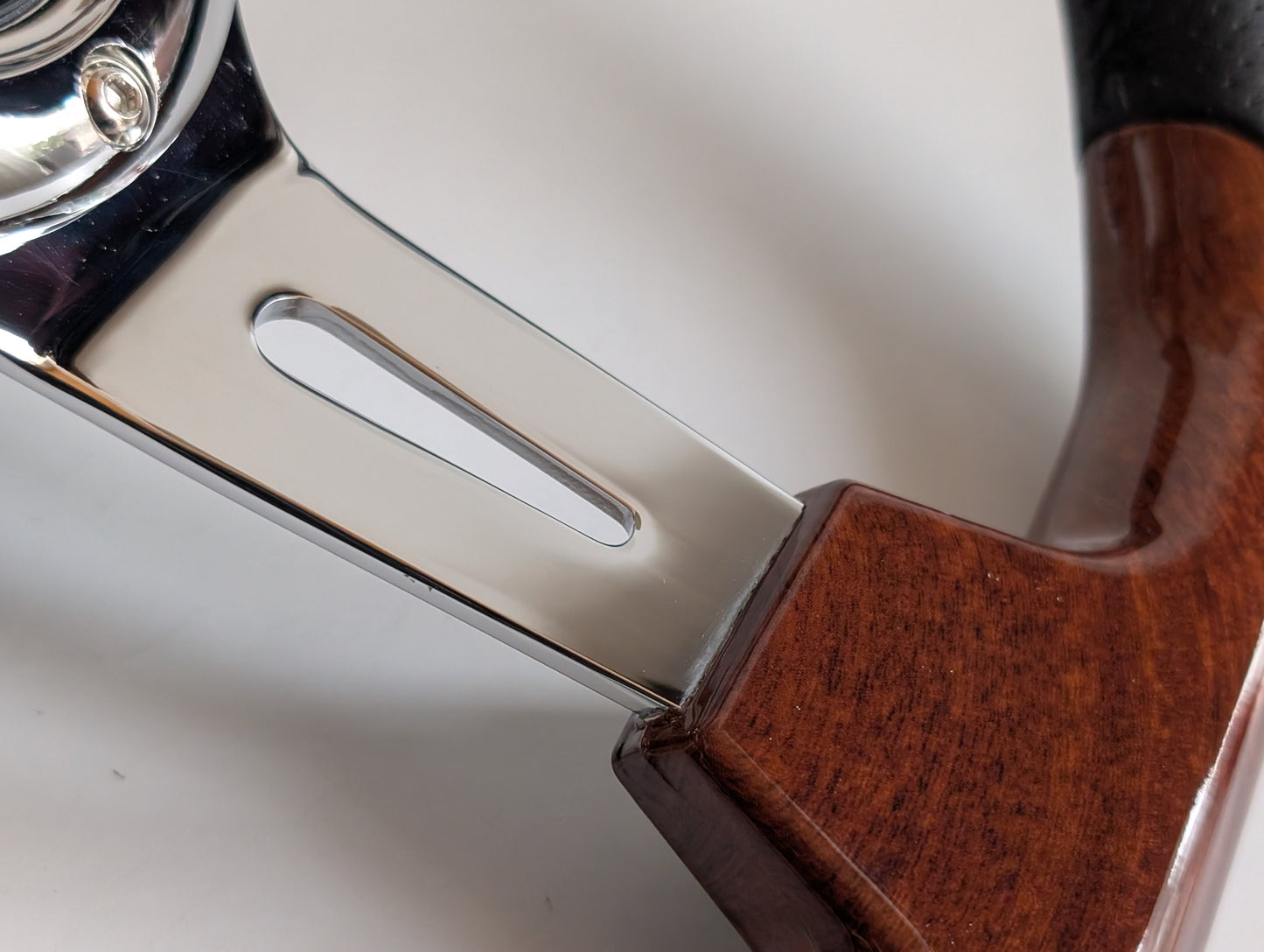 Steering Wheel For Mitsubishi Pajero 1st generation Montero Shogun (1982-1991) - Flat Bottom, Wood, Vintage, Black Leather, Chrome spokes, 350 mm