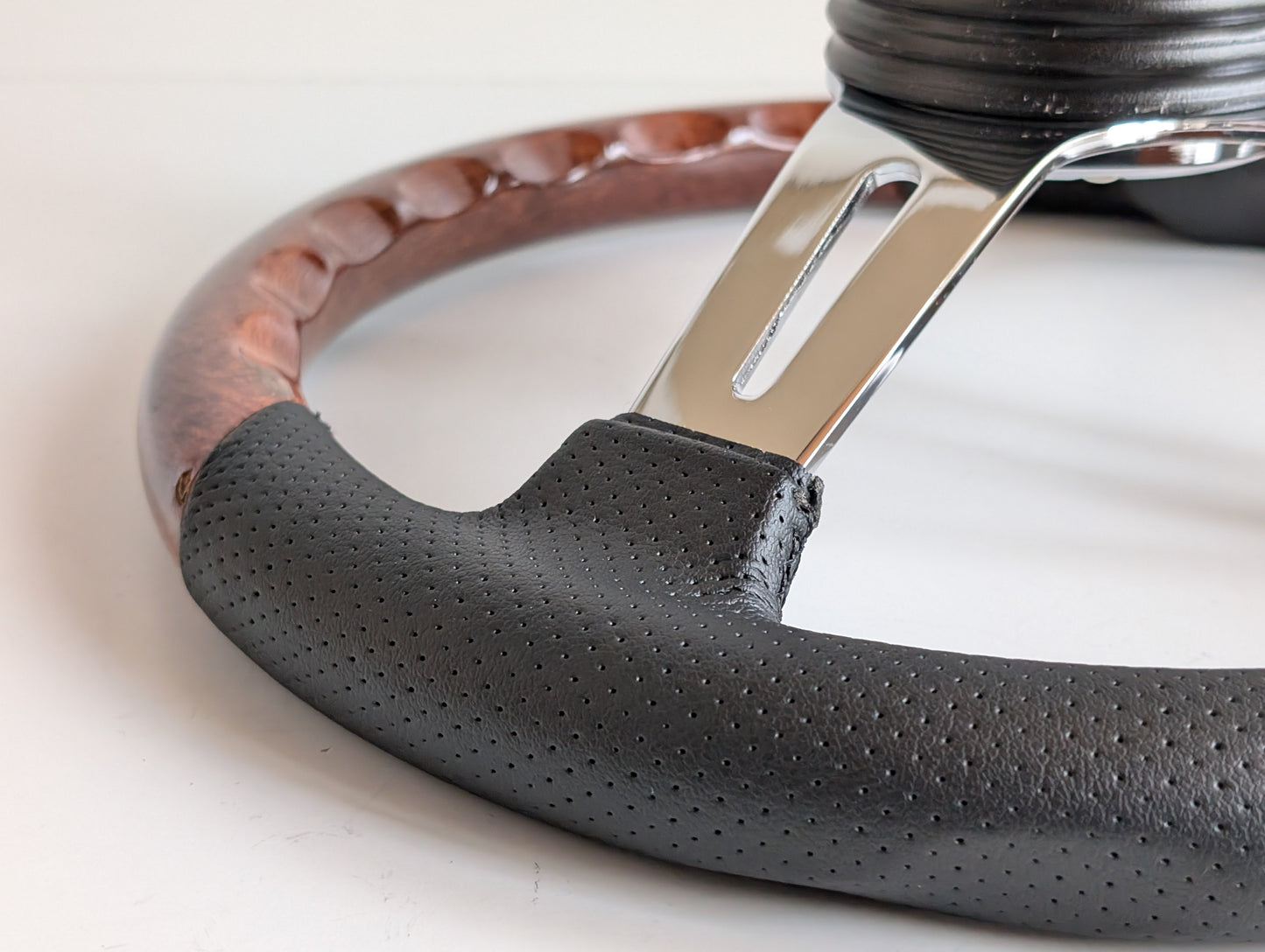 Steering Wheel For Mitsubishi Pajero 1st generation Montero Shogun (1982-1991) - Flat Bottom, Wood, Vintage, Black Leather, Chrome spokes, 350 mm