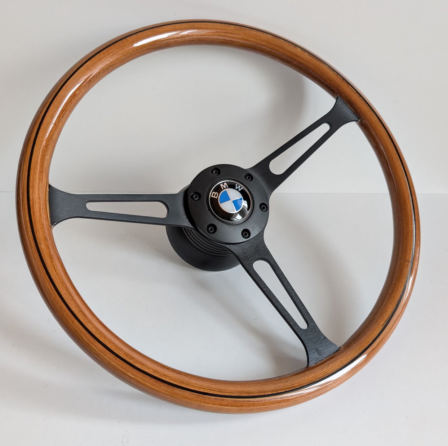 Steering Wheel For BMW - E24 E28 E30 E32 E34 (1986-1992) - Wooden Rim, Black Trim, Black Spokes, Vintage Style, 380mm