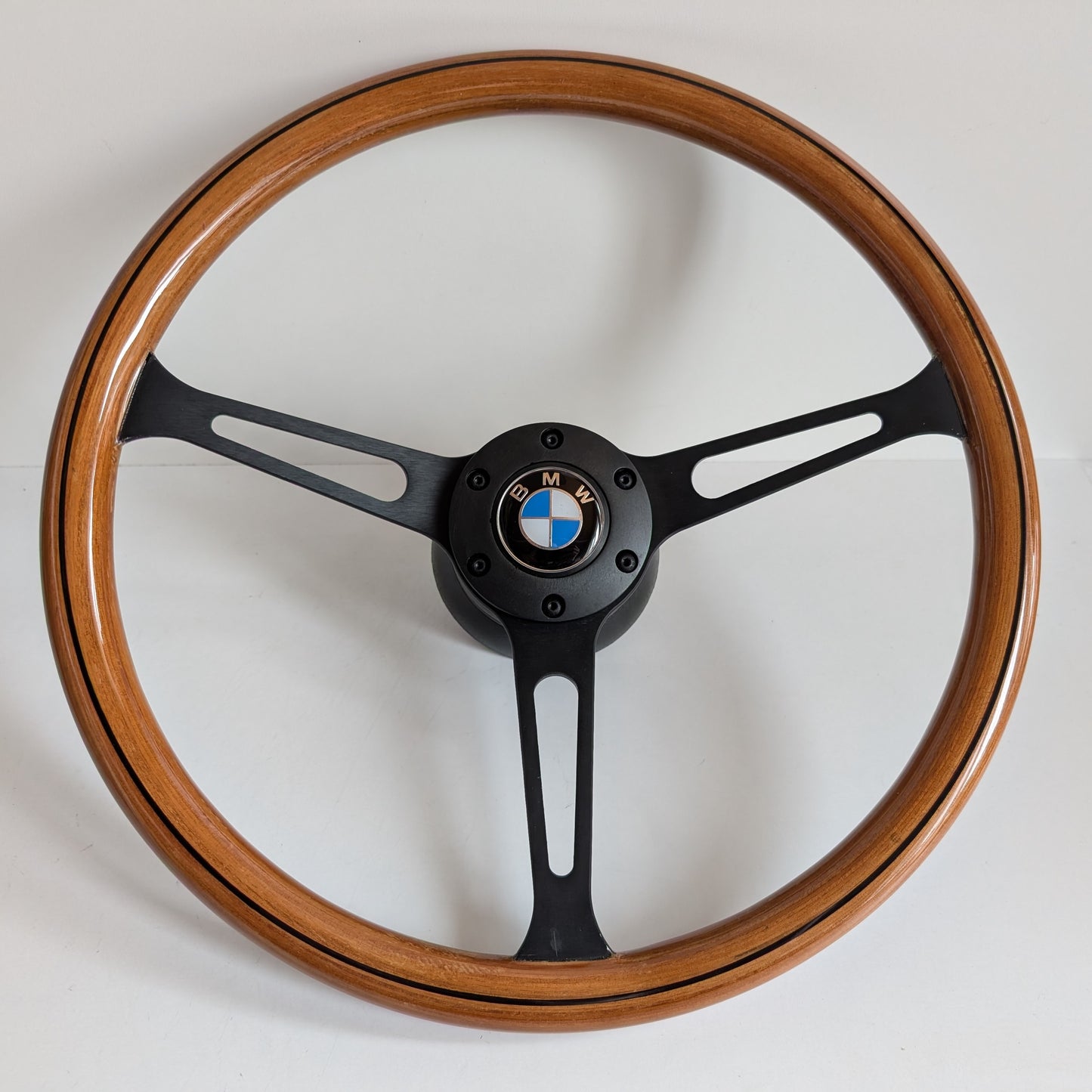 Steering Wheel For BMW - E24 E28 E30 E32 E34 (1986-1992) - Wooden Rim, Black Trim, Black Spokes, Vintage Style, 380mm