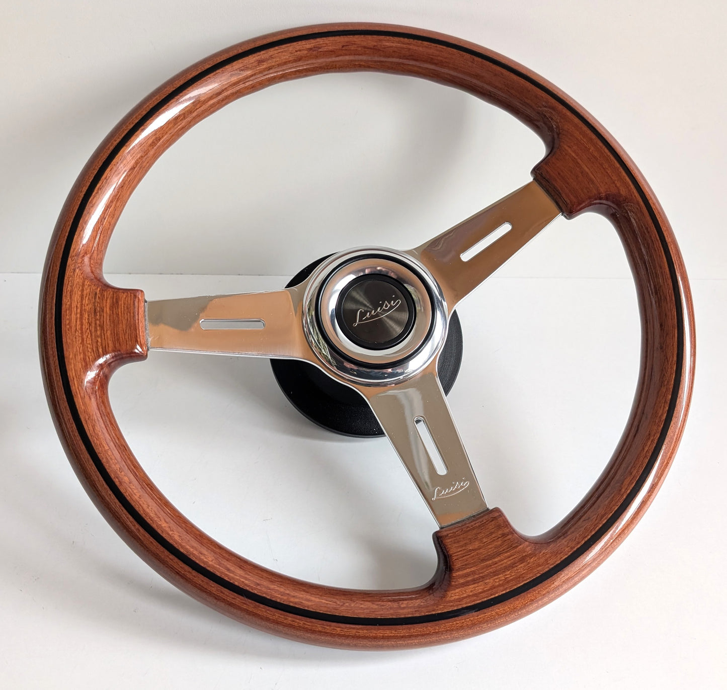 Steering Wheel For Mercedes Benz W114 W115 R107 (1972-1977) - 365mm, OEM By Luisi, Made in Italy, Solid Wood with Black Trim, Chrome Spokes, Premium Quality