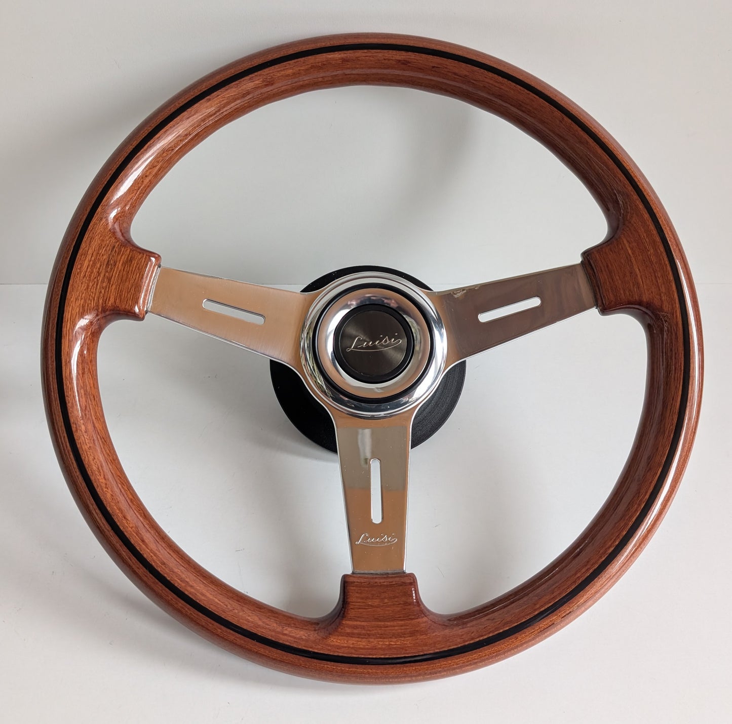 Steering Wheel For Mercedes Benz W114 W115 R107 (1972-1977) - 365mm, OEM By Luisi, Made in Italy, Solid Wood with Black Trim, Chrome Spokes, Premium Quality