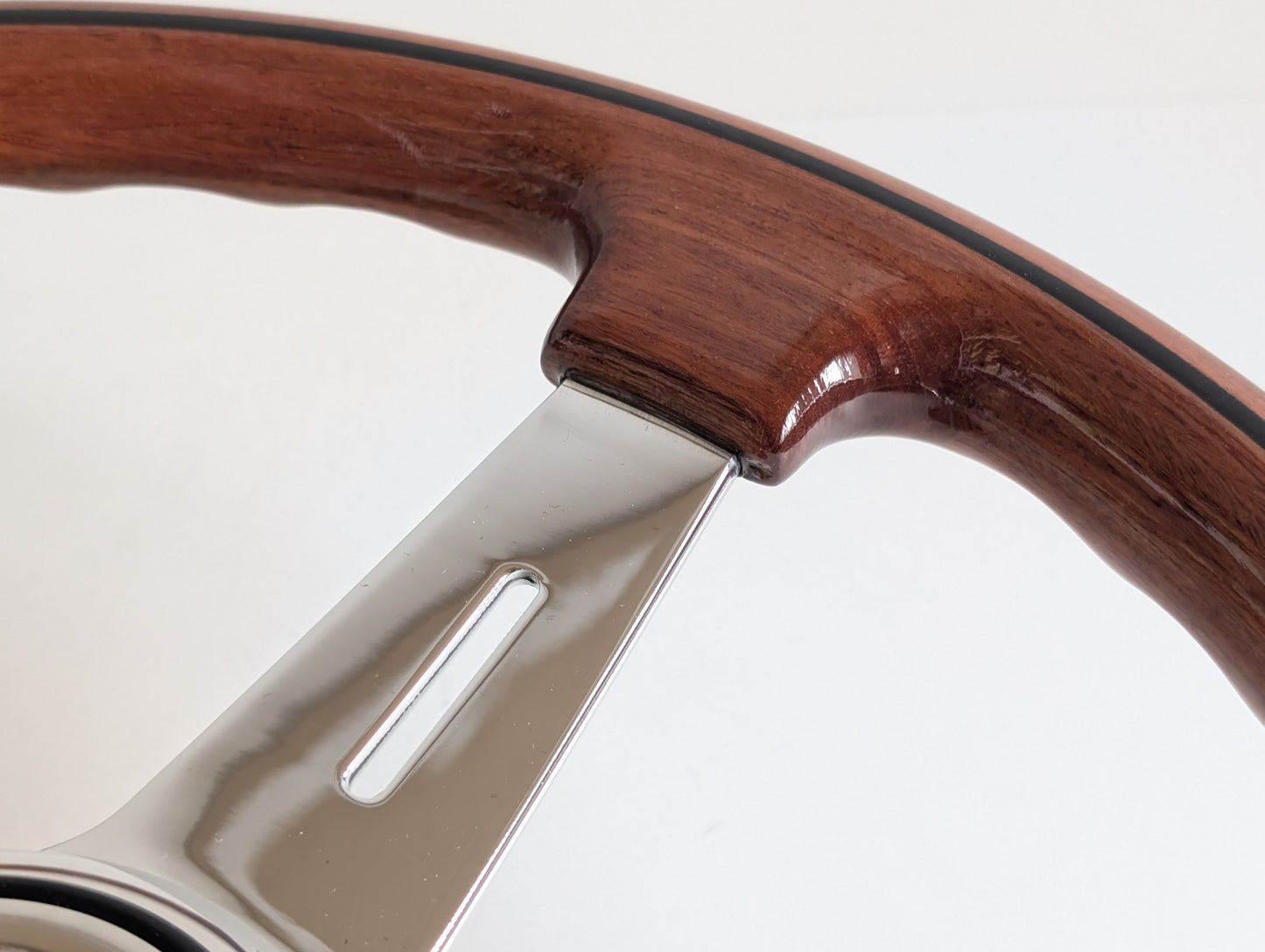 Steering Wheel For Mercedes Benz W114 W115 R107 (1972-1977) - 365mm, OEM By Luisi, Made in Italy, Solid Wood with Black Trim, Chrome Spokes, Premium Quality