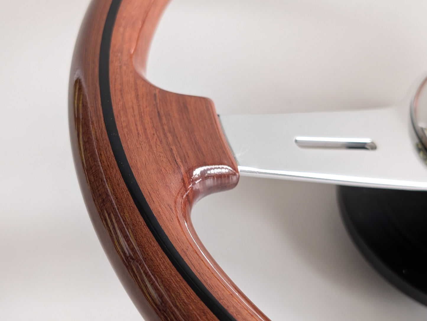 Steering Wheel For Mercedes Benz W114 W115 R107 (1972-1977) - 365mm, OEM By Luisi, Made in Italy, Solid Wood with Black Trim, Chrome Spokes, Premium Quality