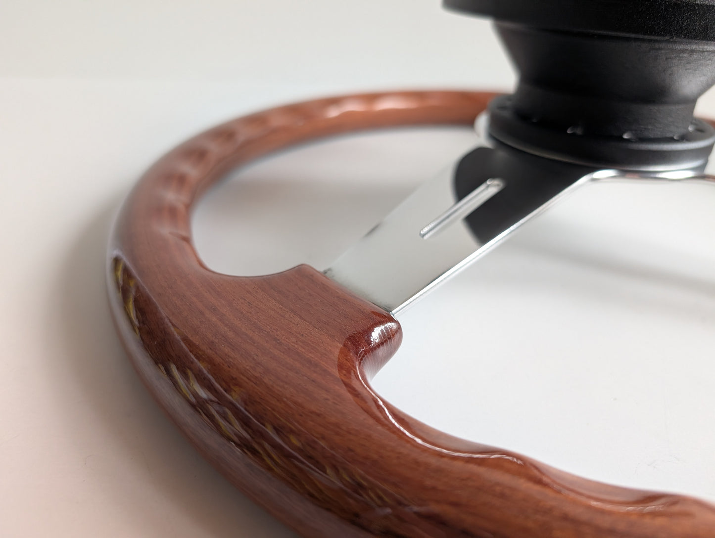 Steering Wheel For Mercedes Benz W114 W115 R107 (1972-1977) - 365mm, OEM By Luisi, Made in Italy, Solid Wood with Black Trim, Chrome Spokes, Premium Quality