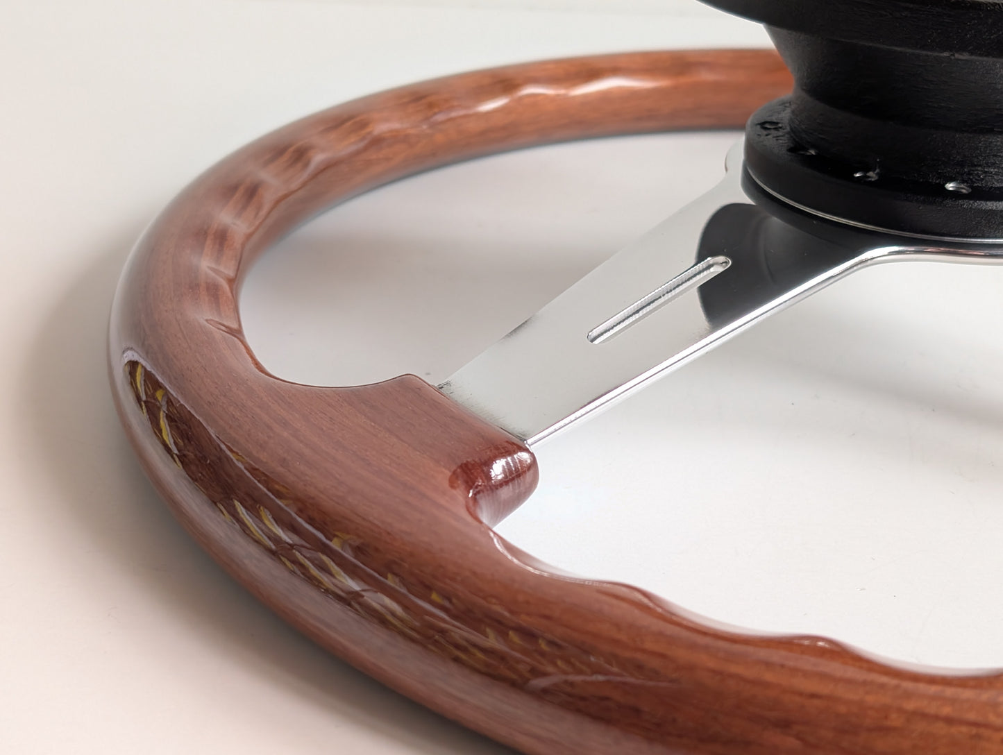 Steering Wheel For Mercedes Benz W114 W115 R107 (1972-1977) - 365mm, OEM By Luisi, Made in Italy, Solid Wood with Black Trim, Chrome Spokes, Premium Quality