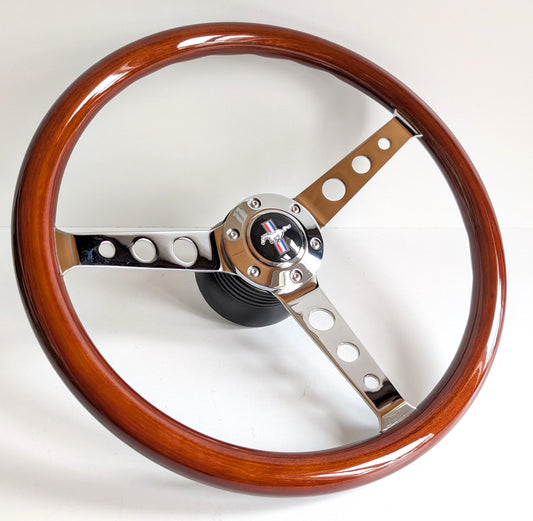 Steering Wheel For Ford Bronco Thunderbird Mustang F150 F250 F350 - Wooden Rim, Chrome Spokes with Holes, Classic, Vintage Style, 380 mm