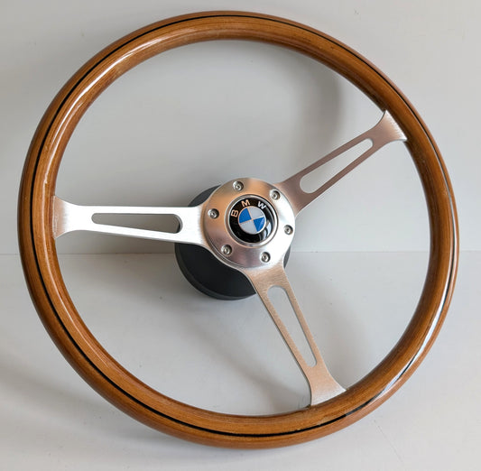 Steering Wheel For BMW E3 E9 E12 E21 E23 E24 E28 (1976-1985) - Wooden Rim with Black Trim, Silver Spokes, Classic, 380mm