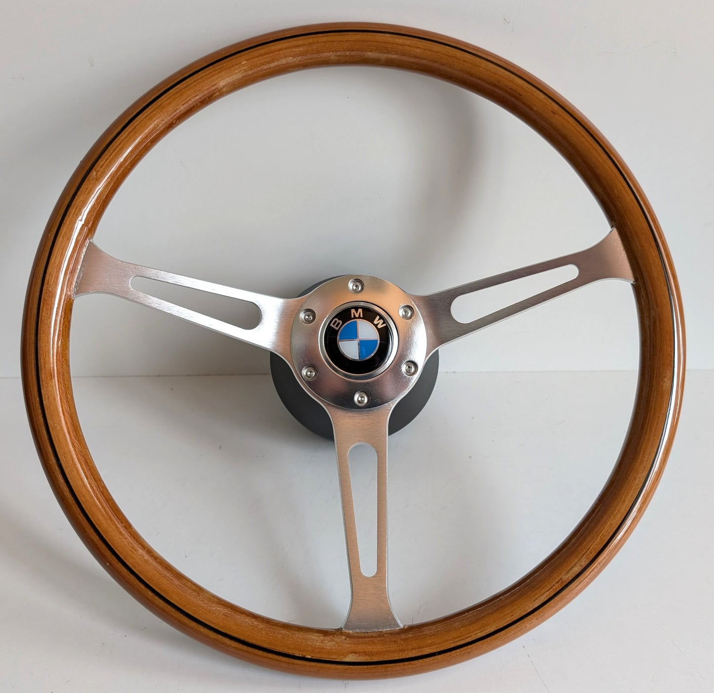 Steering Wheel For BMW E3 E9 E12 E21 E23 E24 E28 (1976-1985) - Wooden Rim with Black Trim, Silver Spokes, Classic, 380mm