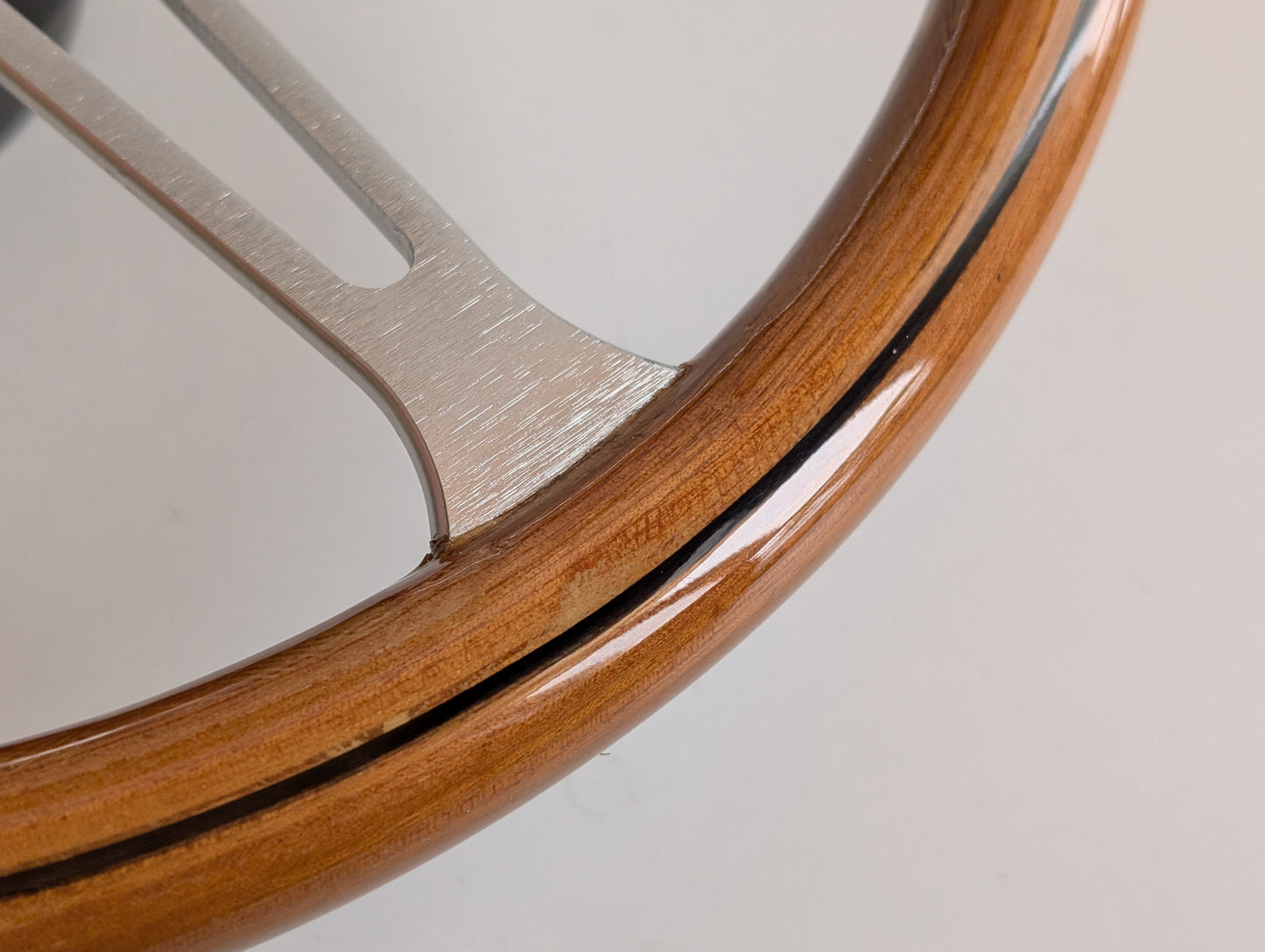 Steering Wheel For BMW E3 E9 E12 E21 E23 E24 E28 (1976-1985) - Wooden Rim with Black Trim, Silver Spokes, Classic, 380mm