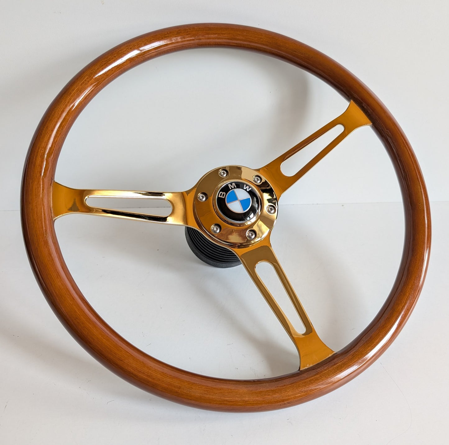Steering Wheel For BMW E24 E28 E30 E32 E34 (1986-1992) - Solid Wood, Vintage Gold Spokes, Classic Style, 380 mm