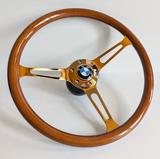 Steering Wheel For BMW E9 E12 E21 E23 E24 E28 (1976-1985) - Solid Wood, Vintage Gold Spokes, Classic Style, 380 mm