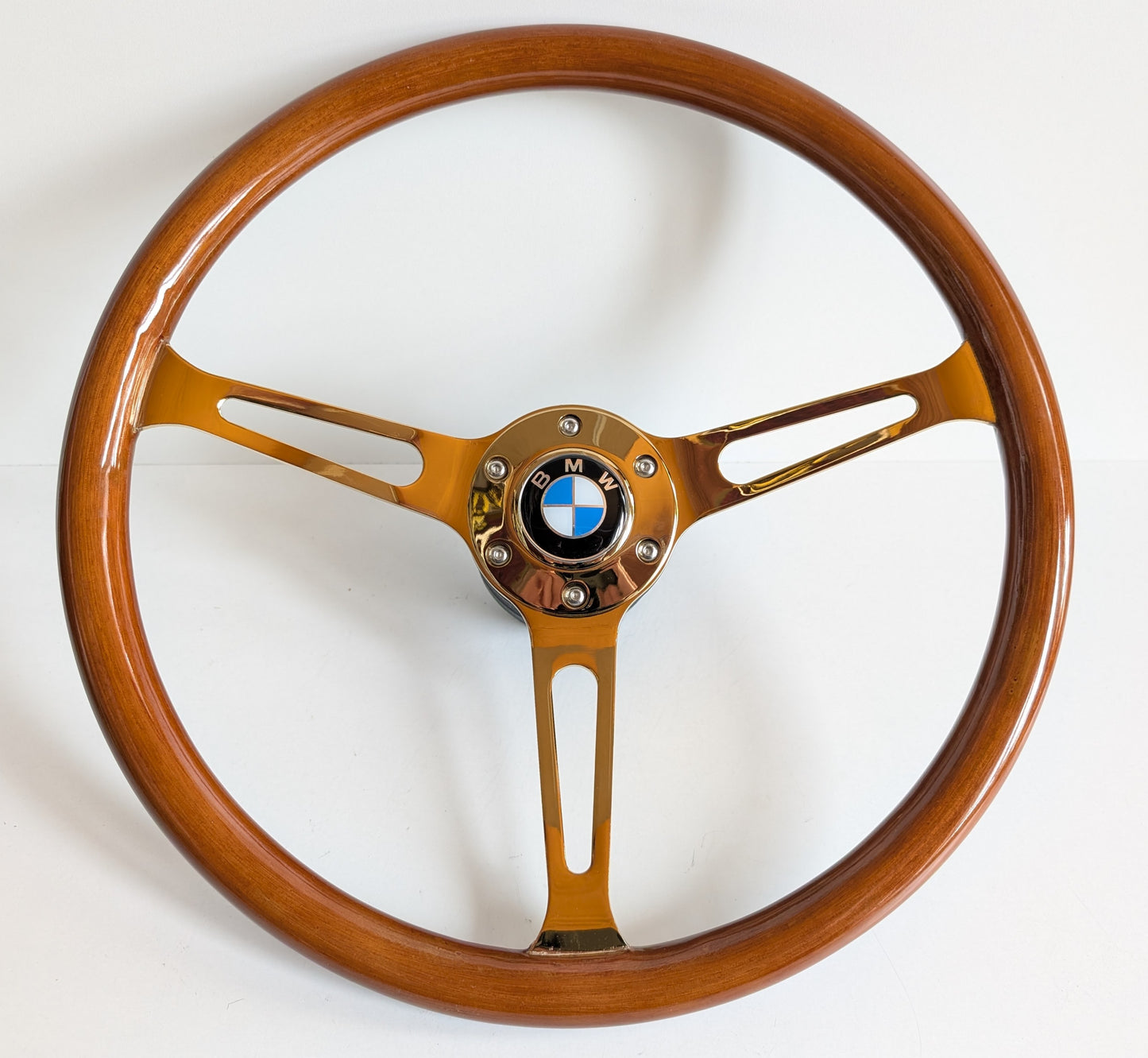 Steering Wheel For BMW E24 E28 E30 E32 E34 (1986-1992) - Solid Wood, Vintage Gold Spokes, Classic Style, 380 mm