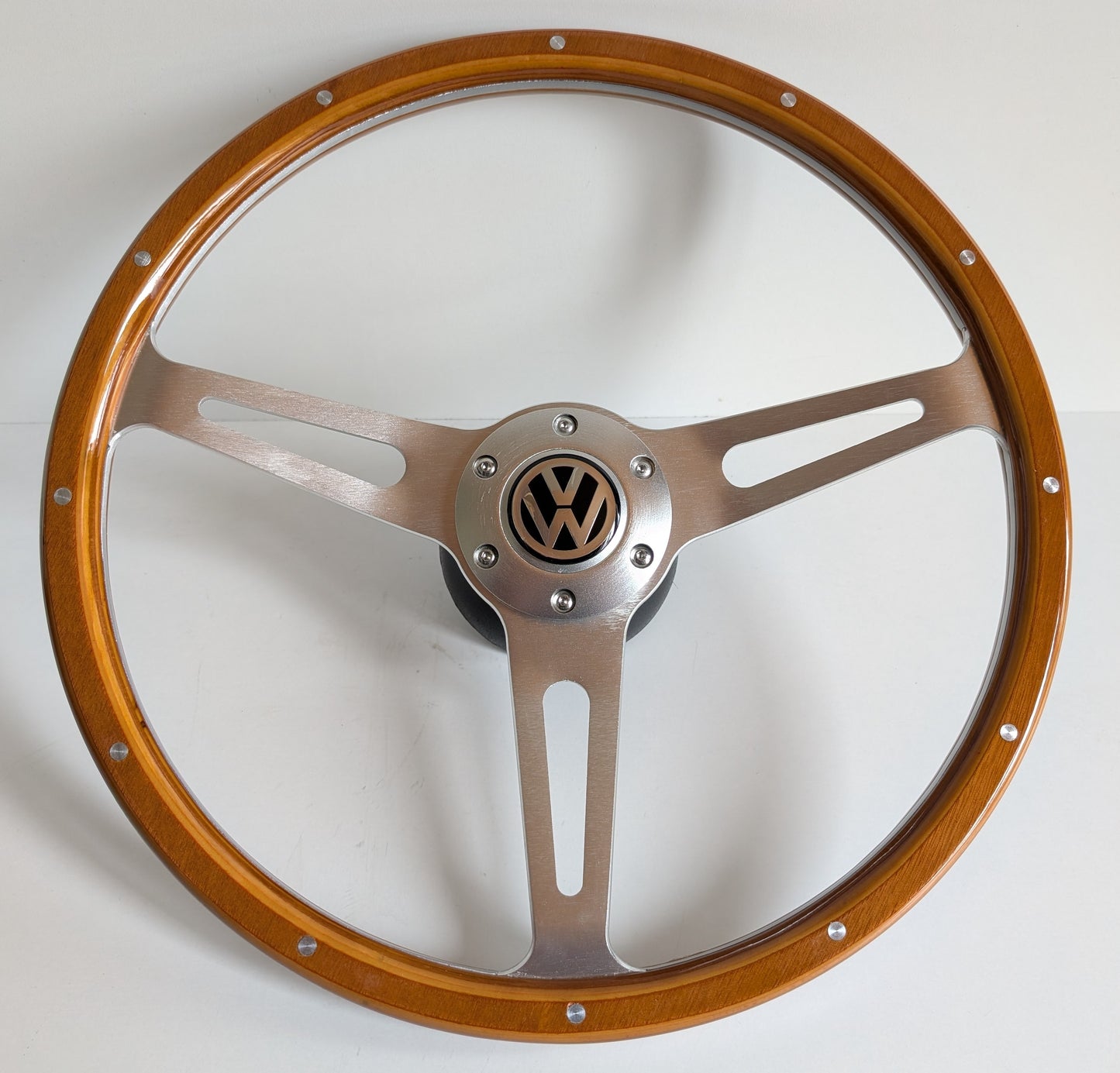Steering Wheel For VW Bus T4 Transporter Caravelle Multyvan (1995-2000) - Light Wood Rim, Classic, Vintage Vision, Silver Spokes, 380 mm
