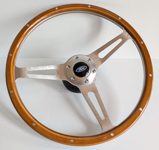 Steering Wheel Fits For Ford Bronco 1983-1990 - Light Wood Rim, Classic, Vintage Vision, Silver Spokes, 380 mm