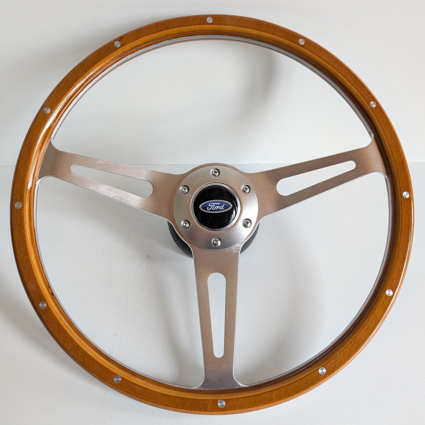 Steering Wheel Fits For Ford Bronco 1983-1990 - Light Wood Rim, Classic, Vintage Vision, Silver Spokes, 380 mm