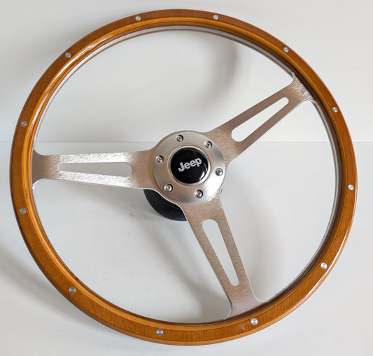 Steering Wheel For Jeep Cherokee Wagoneer Renegade CJ 3 5 6 7 Golden Eagle Laredo Pick up - Light Wood Rim, Classic, Vintage Vision, Silver Spokes, 380 mm