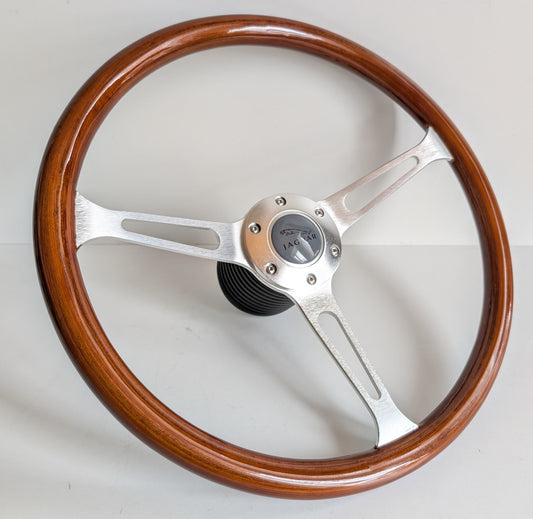 Steering Wheel For Jaguar E type XJ (1961-1975) - Wooden Rim, Silver Spokes, Classic, Wood 380mm