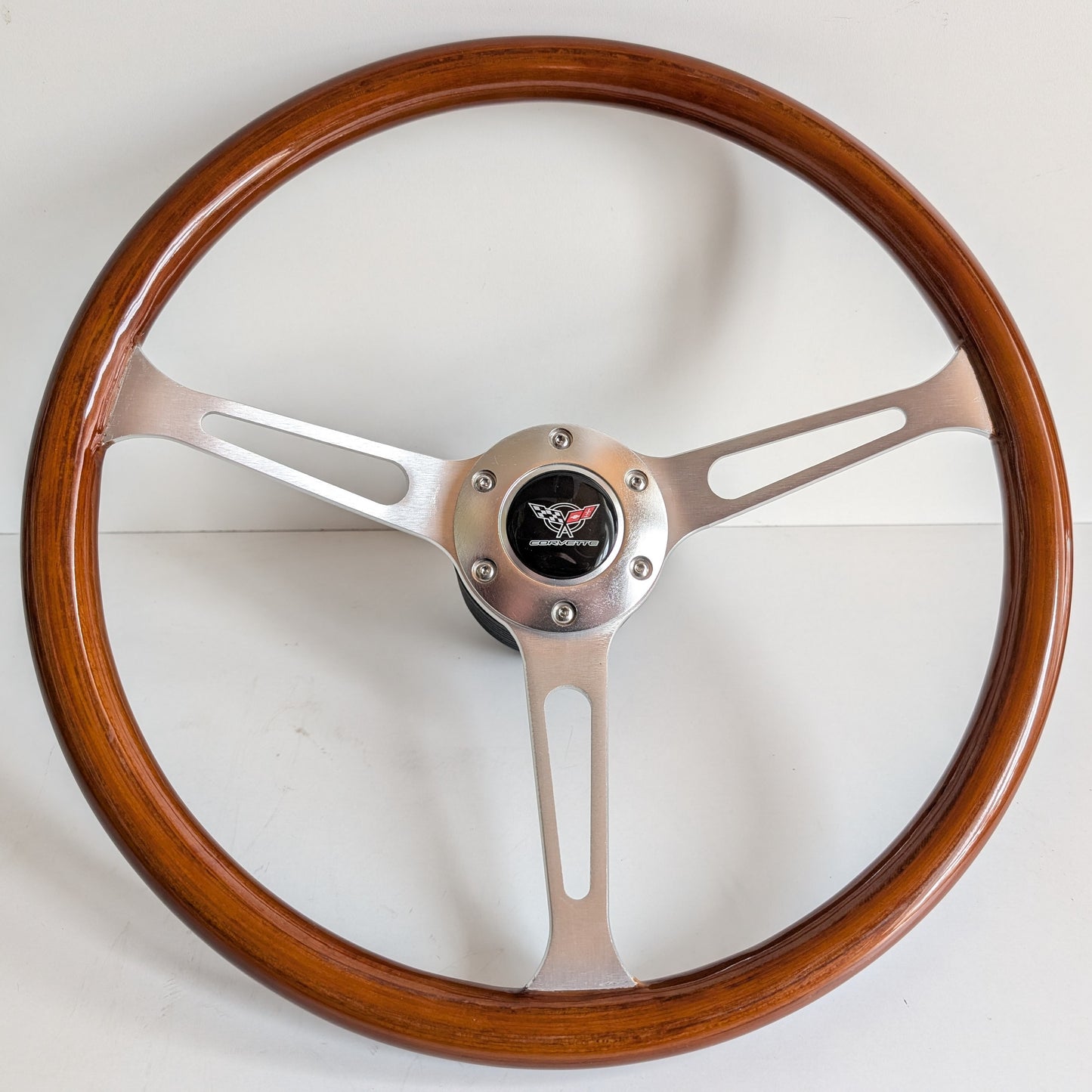 Steering Wheel For Chevrolet Corvette C3 Chevy - Wooden Rim, Silver Spokes, Classic, Wood 380mm