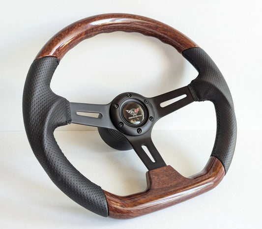 Steering Wheel For Chevrolet Corvette C3 Chevy Corvete (1969-1983) - Flat Bottom, Wood, Vintage, Black Leather, Black Matte Spokes, 350 mm