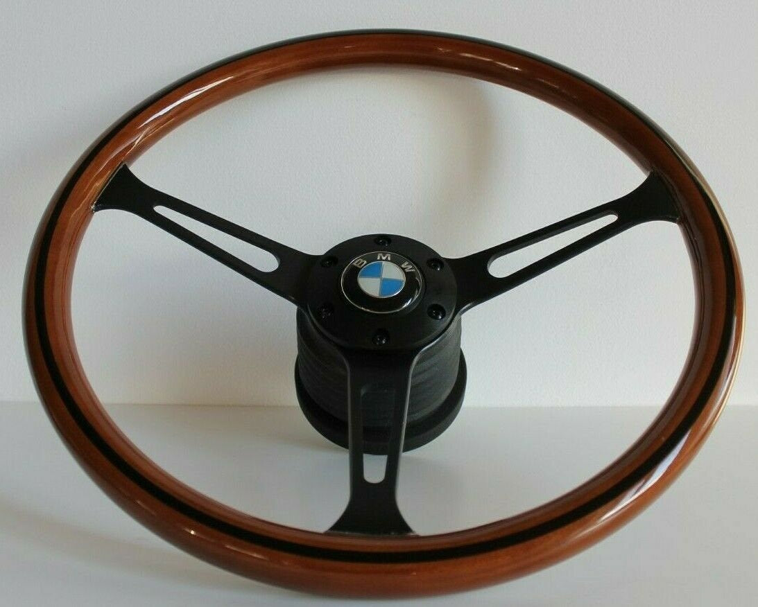 Steering Wheel For BMW E3 E9 E12 E21 E23 E24 E28 (1976-1985) - Wooden Rim, Black Spokes, Black Trim, Classic, 380mm