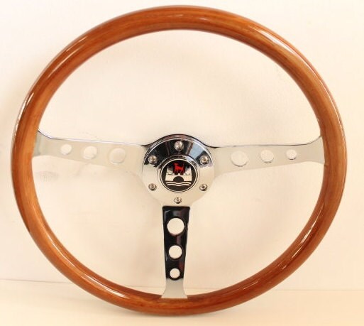 Steering Wheel For VW Wolfsburg - No Hub Adapter Included, Wooden Rim, Chrome Spokes with Holes, Classic, Vintage Style, 380 mm