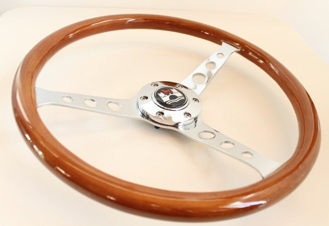 Steering Wheel For VW Wolfsburg - No Hub Adapter Included, Wooden Rim, Chrome Spokes with Holes, Classic, Vintage Style, 380 mm