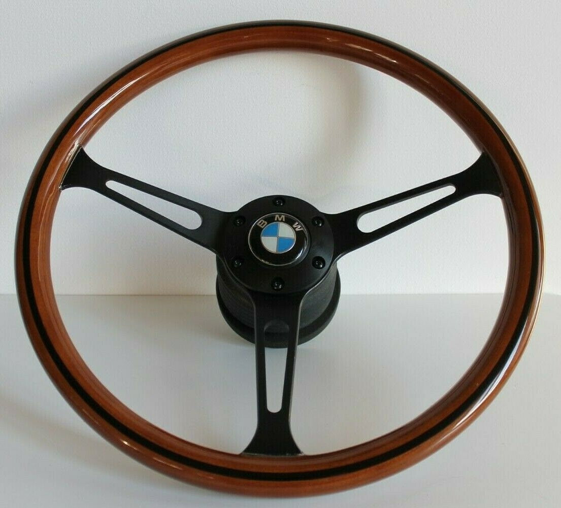 Steering Wheel For BMW E3 E9 E12 E21 E23 E24 E28 (1976-1985) - Wooden Rim, Black Spokes, Black Trim, Classic, 380mm