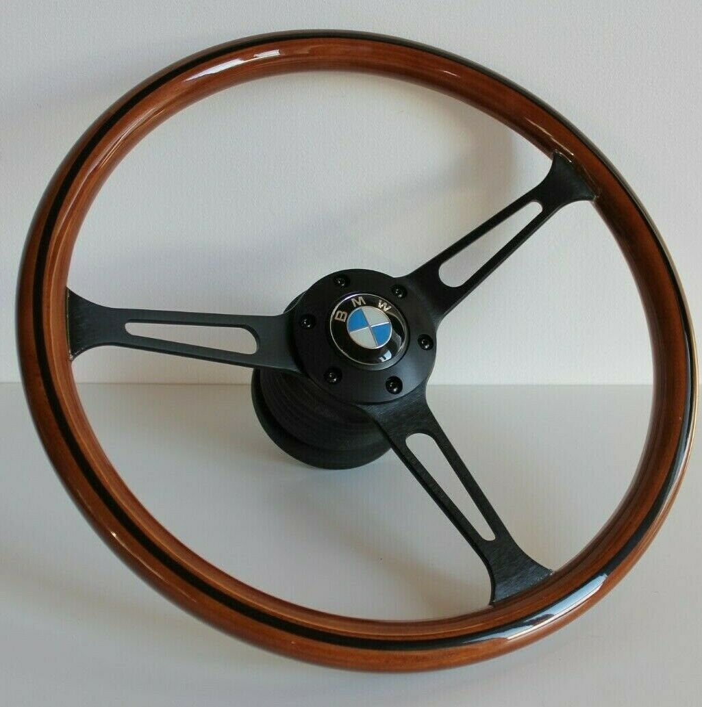 Steering Wheel For BMW E3 E9 E12 E21 E23 E24 E28 (1976-1985) - Wooden Rim, Black Spokes, Black Trim, Classic, 380mm