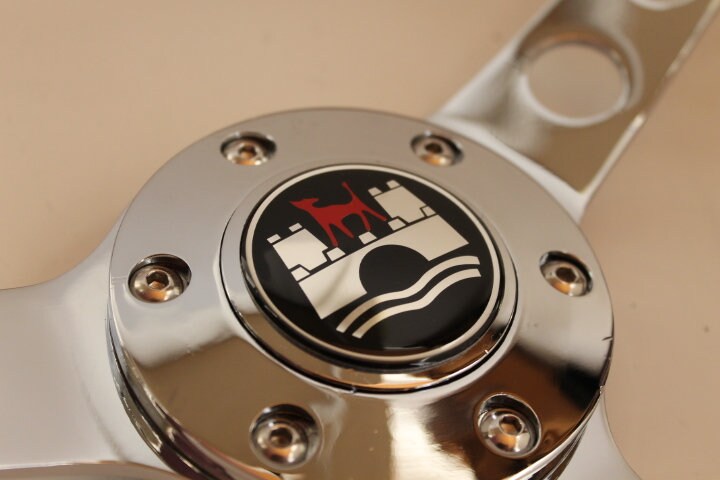 Steering Wheel For VW Wolfsburg - No Hub Adapter Included, Wooden Rim, Chrome Spokes with Holes, Classic, Vintage Style, 380 mm