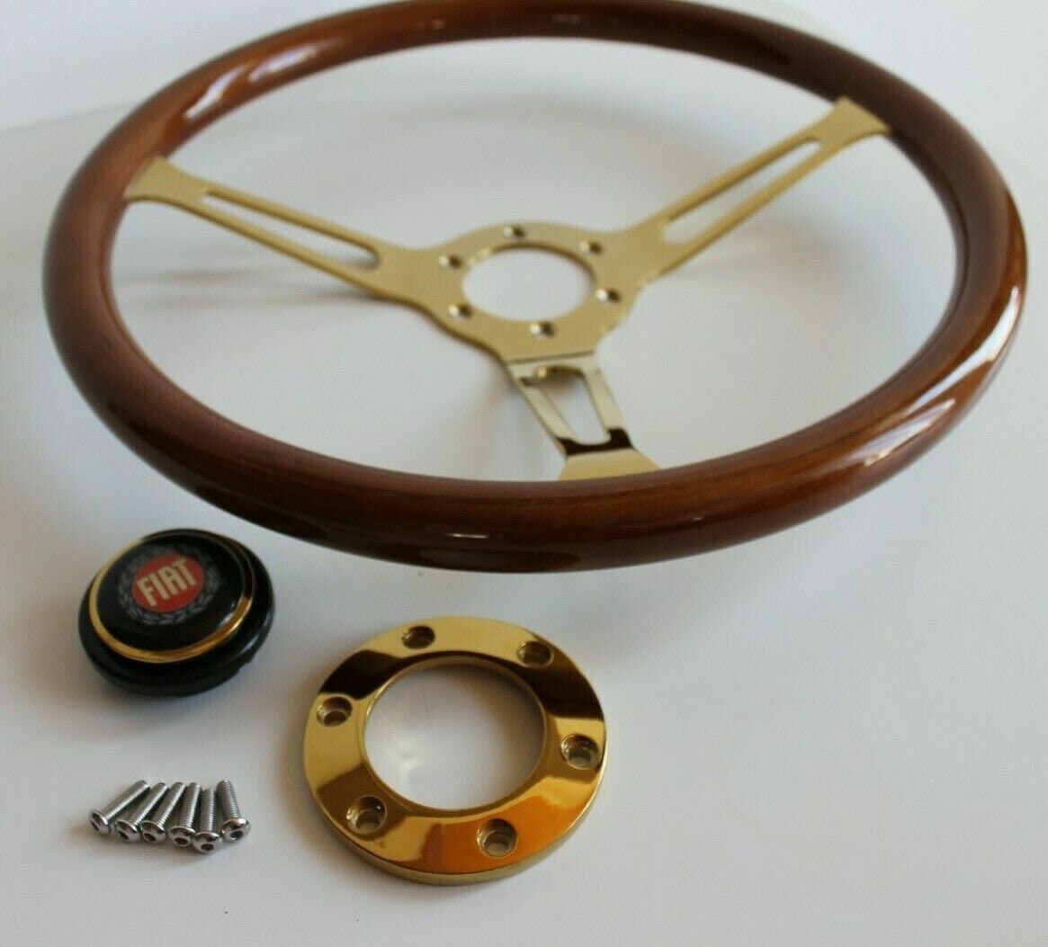 Steering Wheel For FIAT - No Hub Adapter, Solid Wood, Vintage Gold Spokes, Classic Style, 380 mm