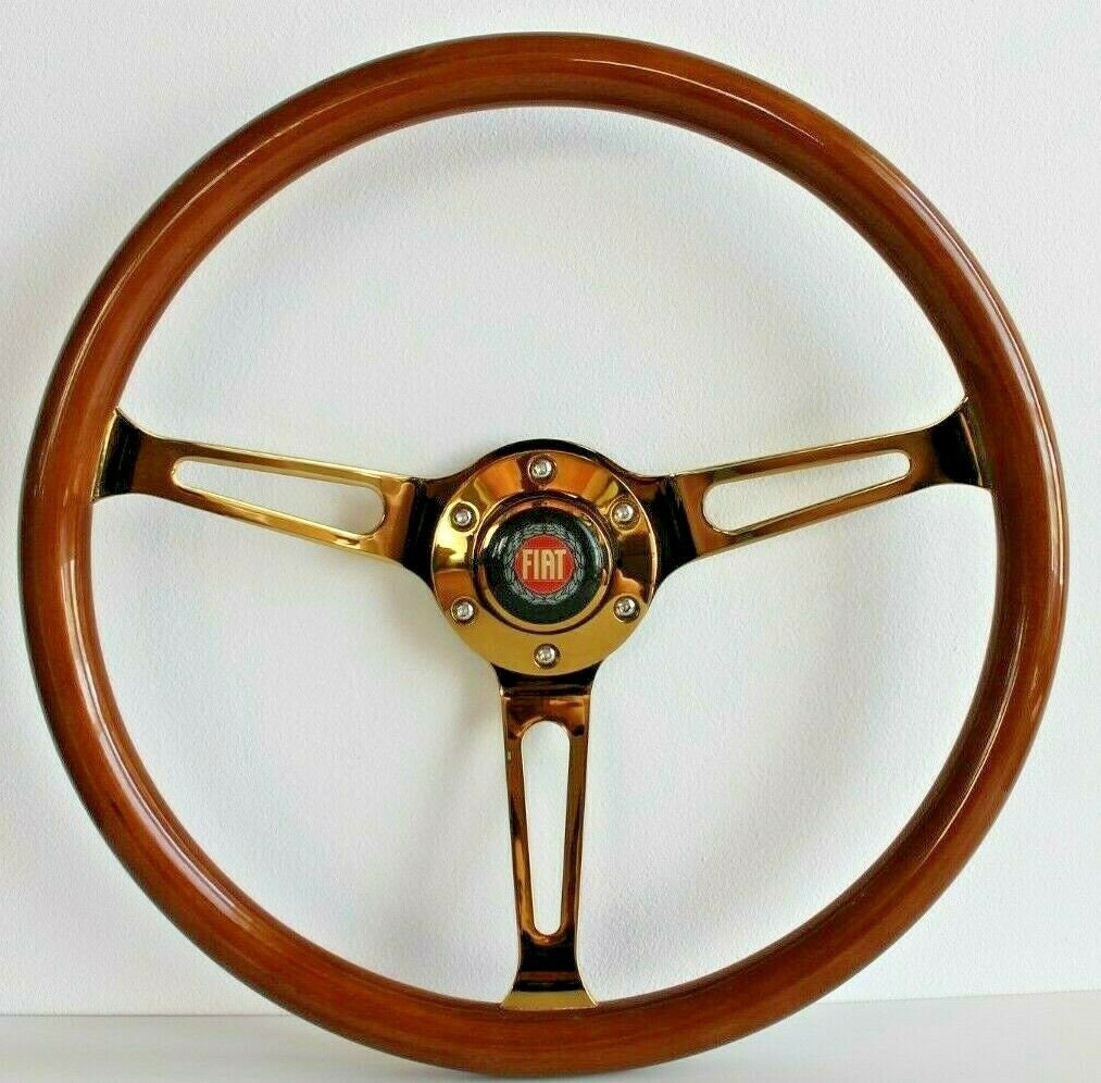 Steering Wheel For FIAT - No Hub Adapter, Solid Wood, Vintage Gold Spokes, Classic Style, 380 mm