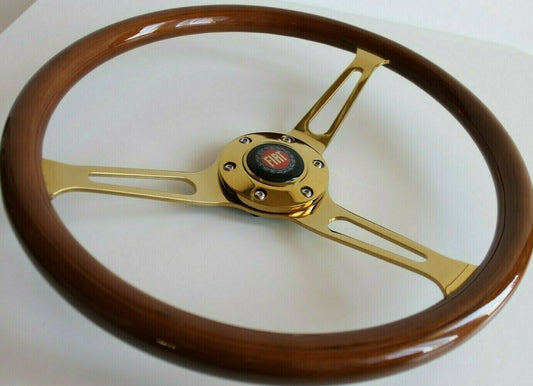 Steering Wheel For FIAT - No Hub Adapter, Solid Wood, Vintage Gold Spokes, Classic Style, 380 mm