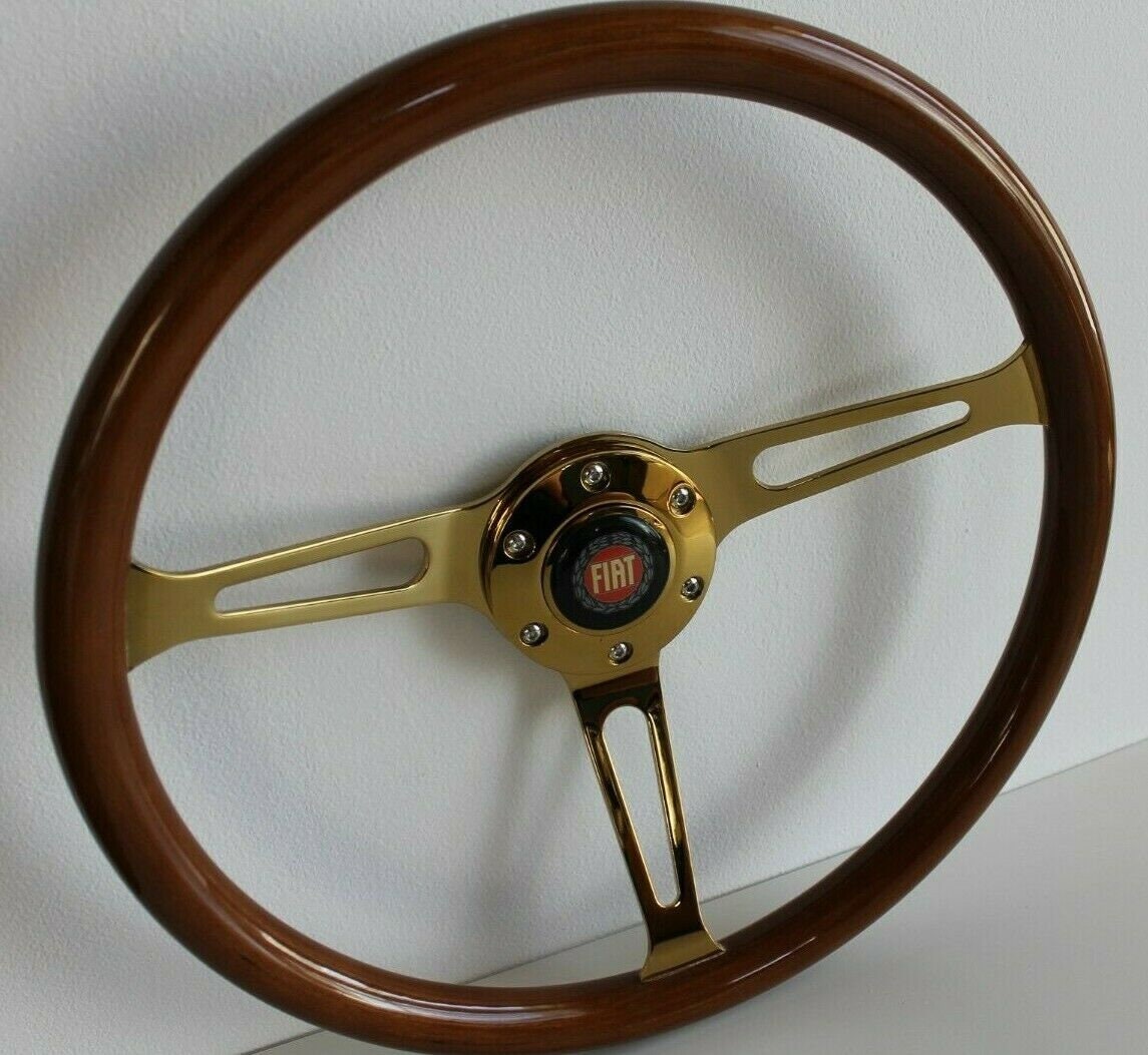 Steering Wheel For FIAT - No Hub Adapter, Solid Wood, Vintage Gold Spokes, Classic Style, 380 mm